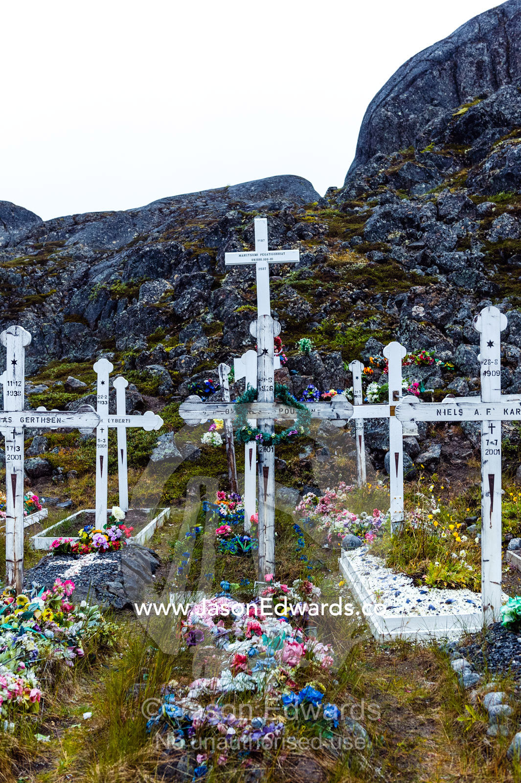 Colorful flowers on graves in a fishing village cemetery. Maniitsoq, Sukkertoppen, Qeqqata Municipality, Greenland.