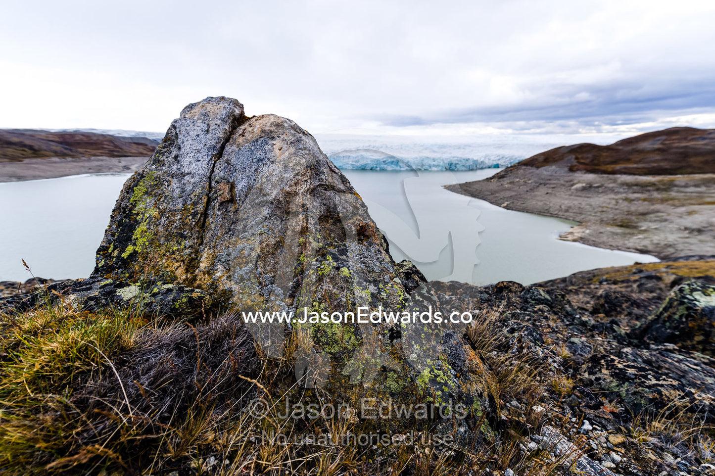 A lichen encrusted boulder on a lake shore carved by a glacier. Isunngua Highland, Greenland Ice Sheet, Kangerlussuaq, Qeqqata Municipality, Greenland.