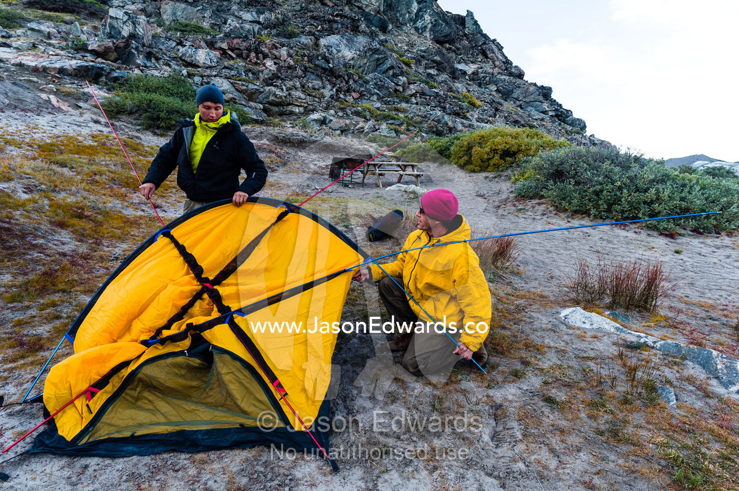 A Greenland guide assists a tourist to set-up a tent on the windy tundra. Russell Glacier, Greenland Ice Sheet, Qeqqata Municipality, Kangerlussuaq, Greenland.