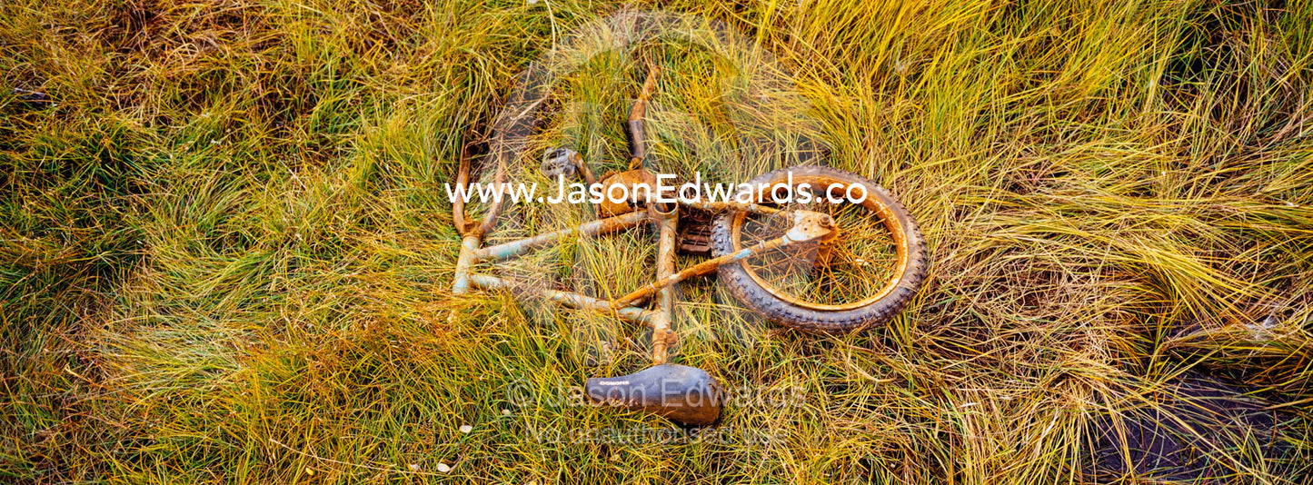 A broken children's bike rusting in ditch beside an airfield in an arctic village. Kangerlussuaq, Qeqqata Municipality, Greenland.