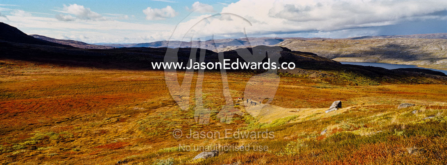 Shadows fall across low hills on a vast tundra plain in Autumn. Ammalortup Nunaa Highland, Kangerlussuaq, Qeqqata Municipality, Greenland.