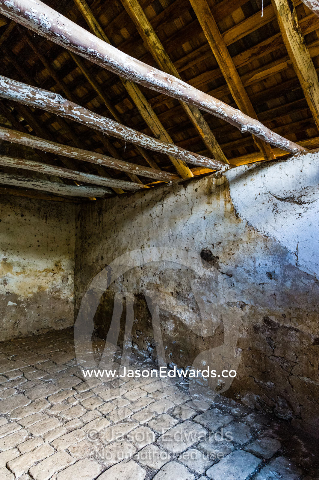 The ceiling rafters of a 19th century grain storage shed built from locally quarried stones and timber. Faithfuls Creek Grain Storage, Euroa, Balmattum, Strathbogie, Victoria, Australia.