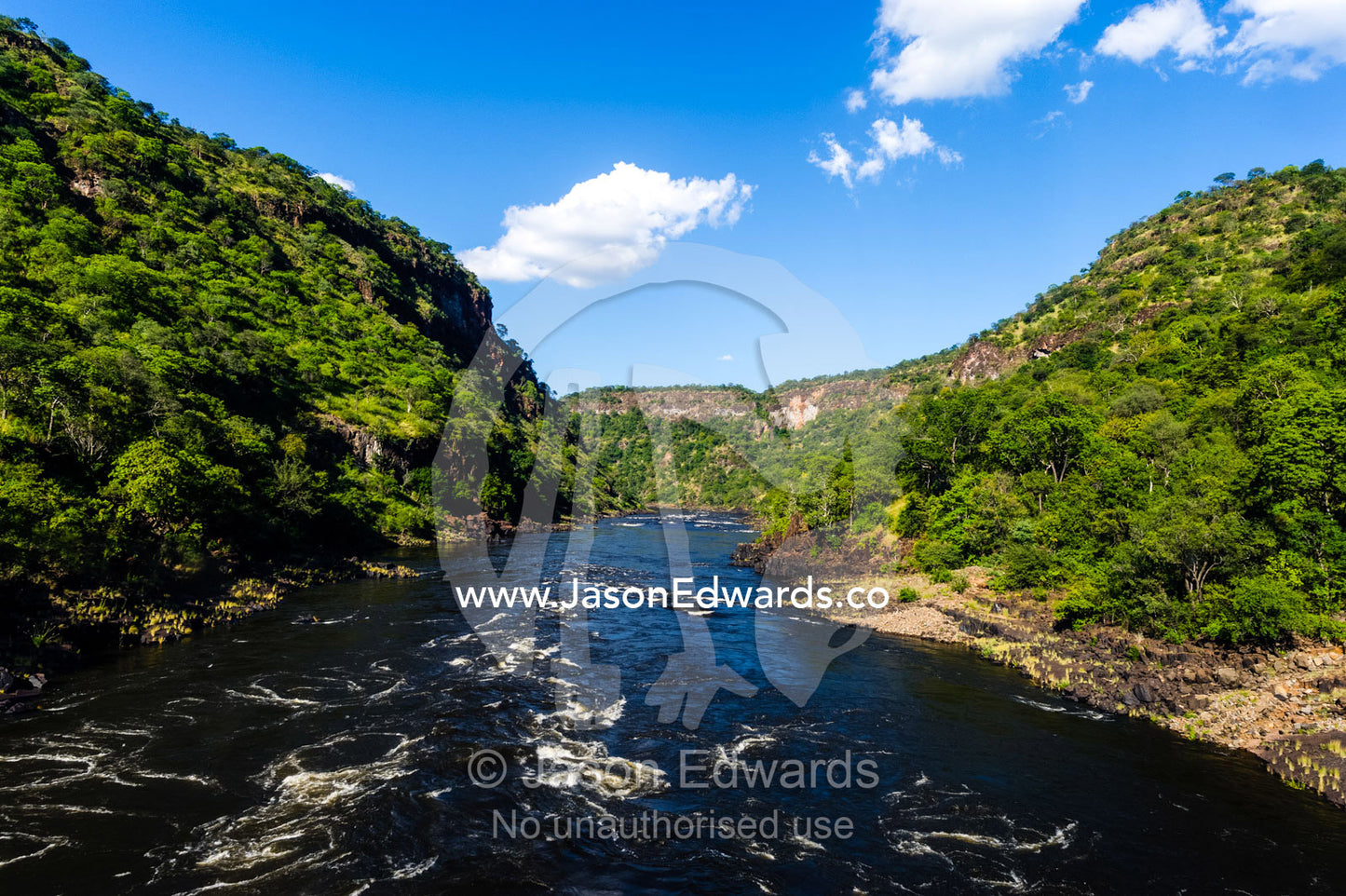 The forest slopes of a winding gorge carved into a flat plain by the Zambezi River. Zambezi River, Mosi-oa-Tunya National Park, Victoria Falls National Park, Zambia.