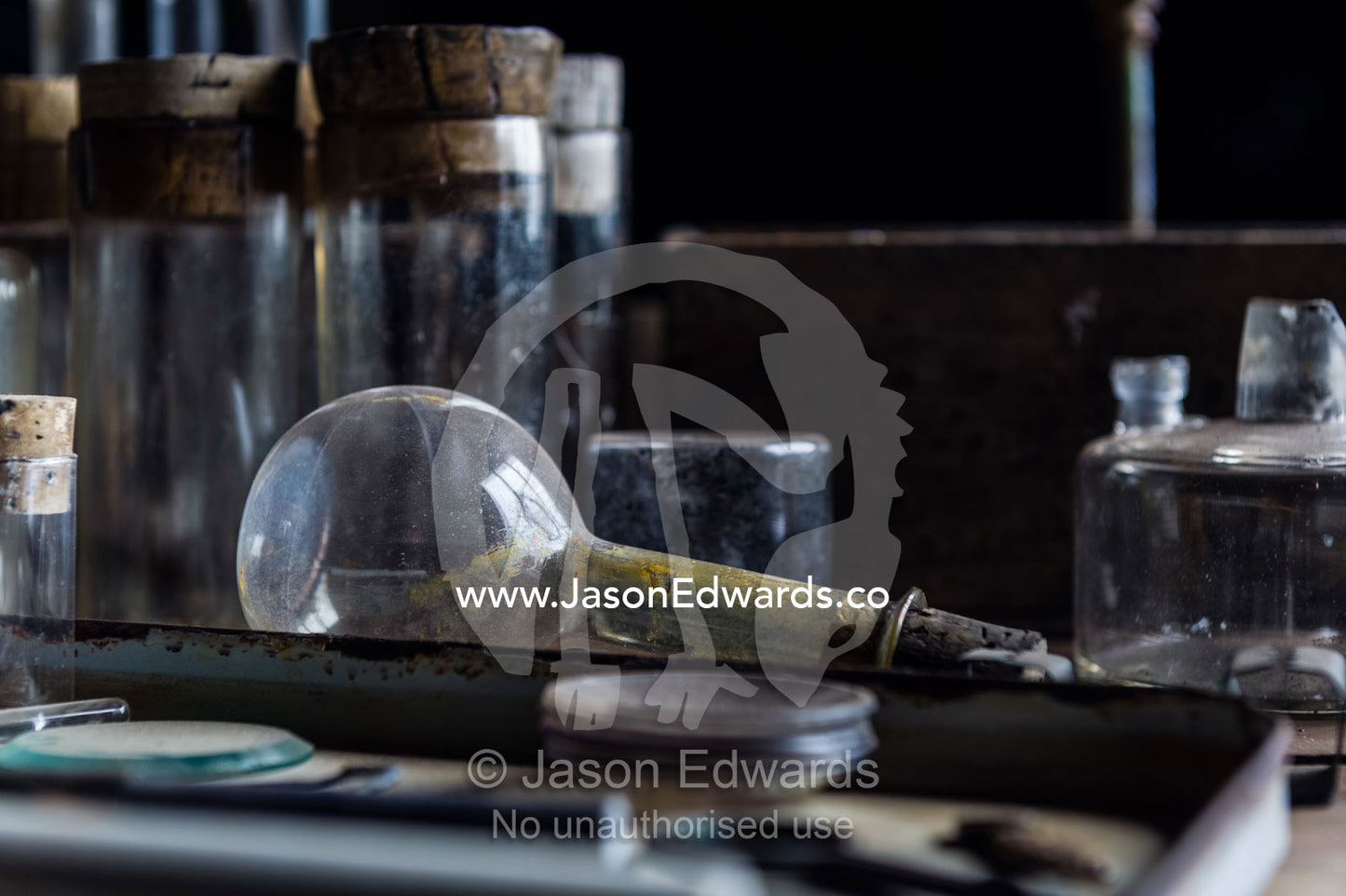 Glass pipettes, beakers and other scientific experiment equipment in the hut of Antarctic explorer Robert Falcon Scott. Scott's Hut, Cape Evans, Ross Island, Antarctica