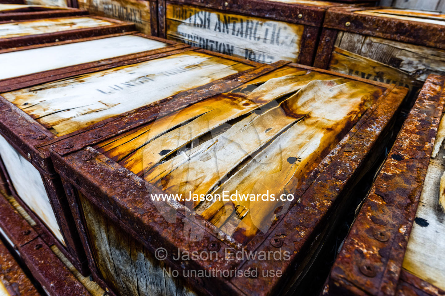 Food supplies and storage boxes outside the hut of Antarctic explorer Ernest Shackleton. Shackleton's Hut, Cape Royds, Ross Island, Antarctica.