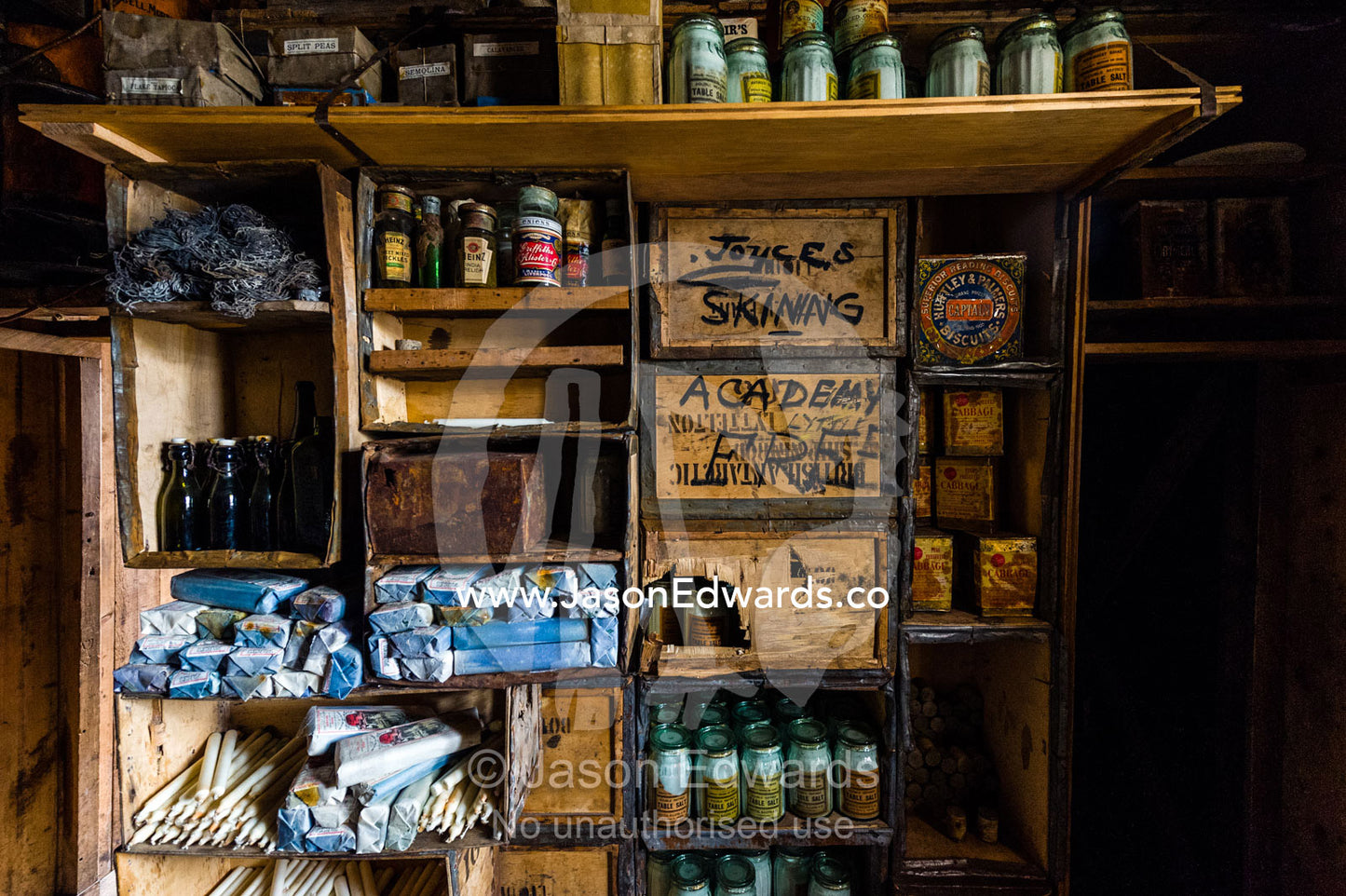 Kitchen food and candle supplies in Antarctic explorer Ernest Shackelton's hut. Shackleton's Hut, Cape Royds, Ross Island, Antarctica.