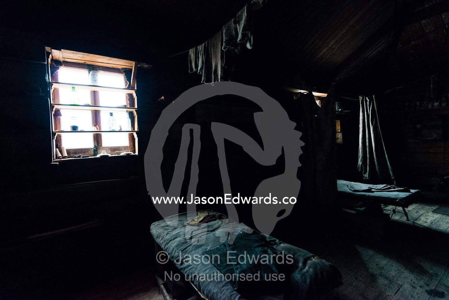 Woolen socks hanging from a clothes line in Antarctic explorer Ernest Shackleton's hut. Shackleton's Hut, Cape Royds, Ross Island, Antarctica.