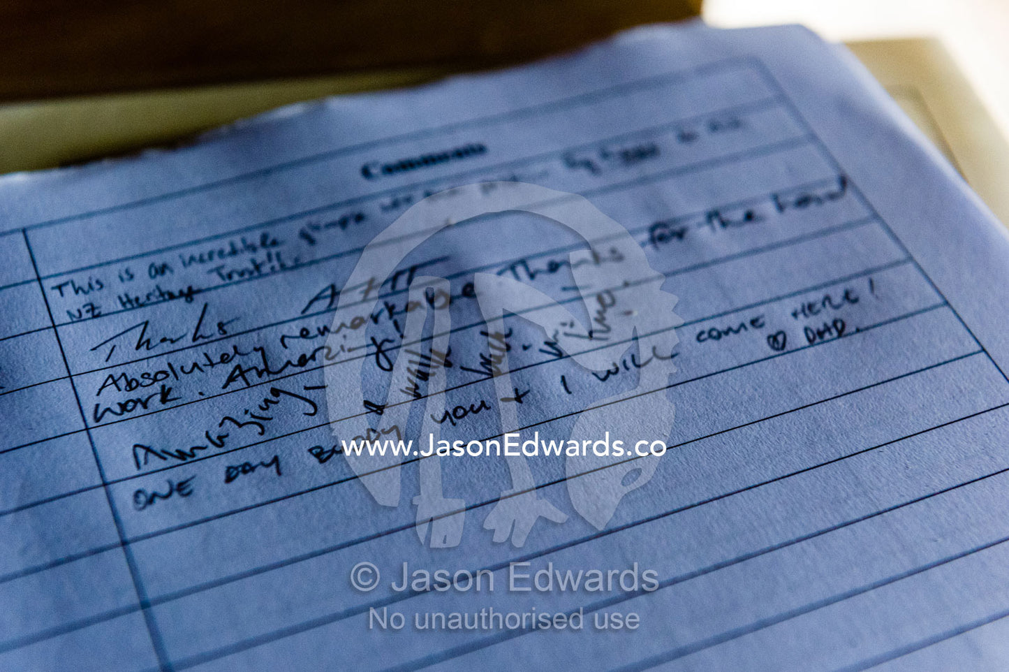 A visitor book inside the Antarctic explorer Ernest Shackleton's hut features a note from a father to a son. Shackleton's Hut, Cape Royds, Ross Island, Antarctica.