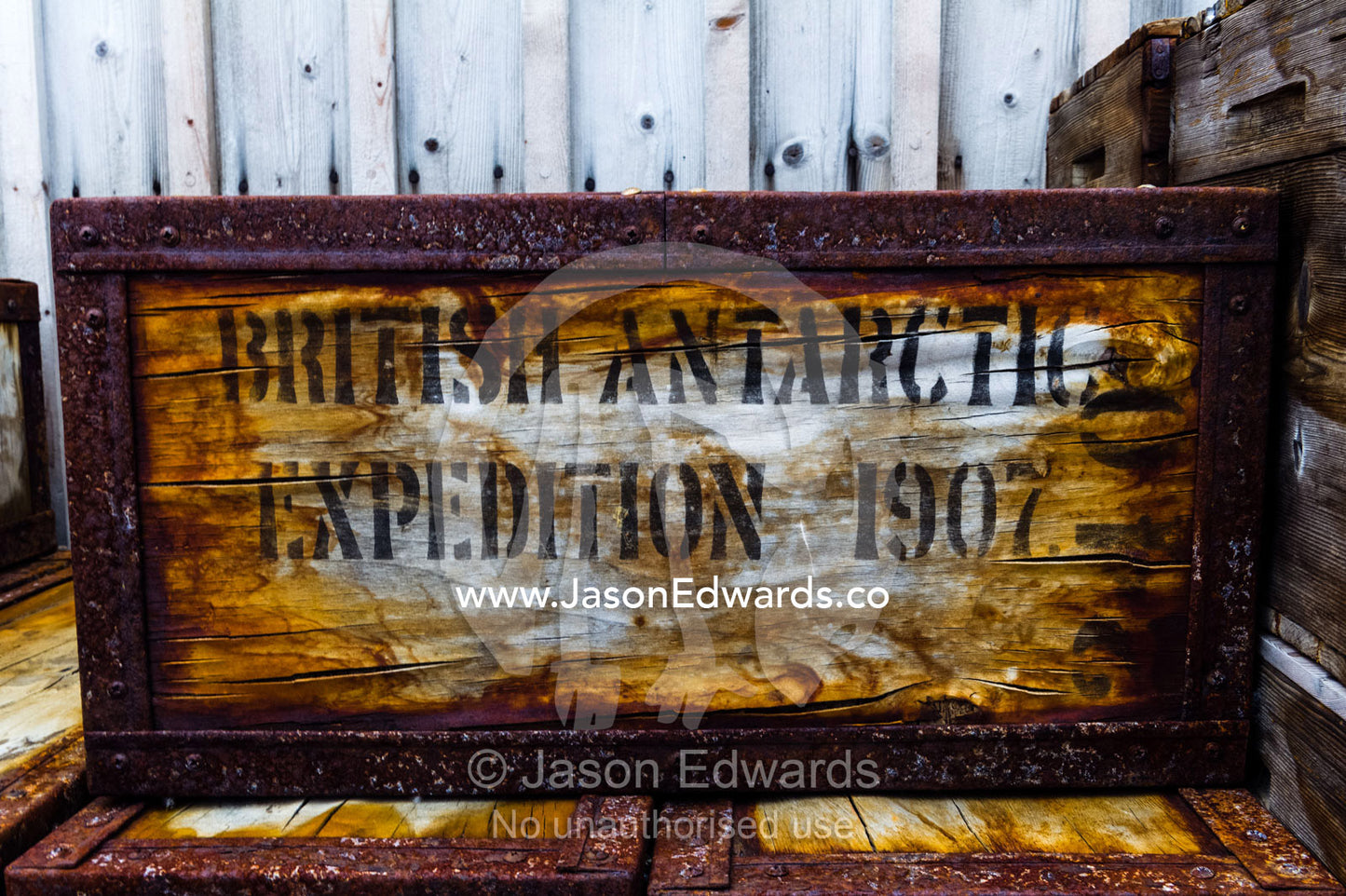 Food supplies and storage boxes outside Antarctic explorer Ernest Shackleton's hut. Shackleton's Hut, Cape Royds, Ross Island, Antarctica.