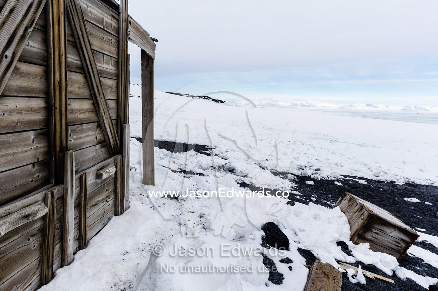 The weathered walls and storage boxes of the Antarctic explorer Robert Falcon Scott's hut. Scott's Hut, Cape Evans, Ross Island, Antarctica.