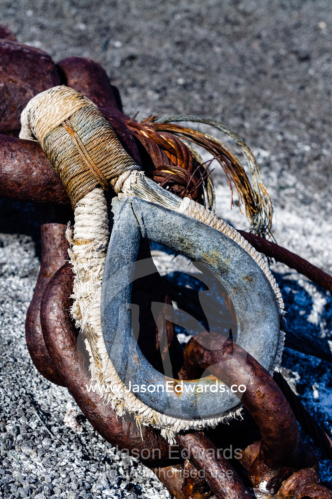 An anchor chain eye from Shackleton's ship the Aurora embedded in an Antarctic island beach. Scott's Hut, Cape Evans, Ross Island, Antarctica.
