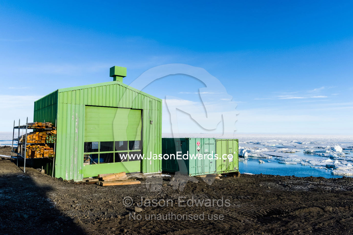 At Scott Base large garages and sheds house machinery to protect it from the cold weather. Scott Base, Pram Point, Hut Point Peninsula, Ross Island, Antarctica.
