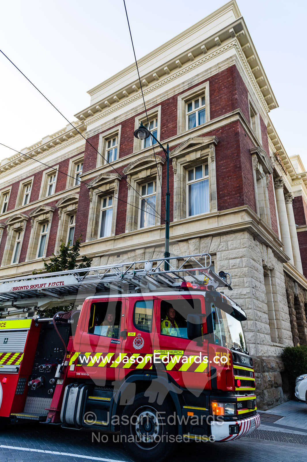 A fire engine outside of a hotel after a false alarm. Christchurch, New Zealand.