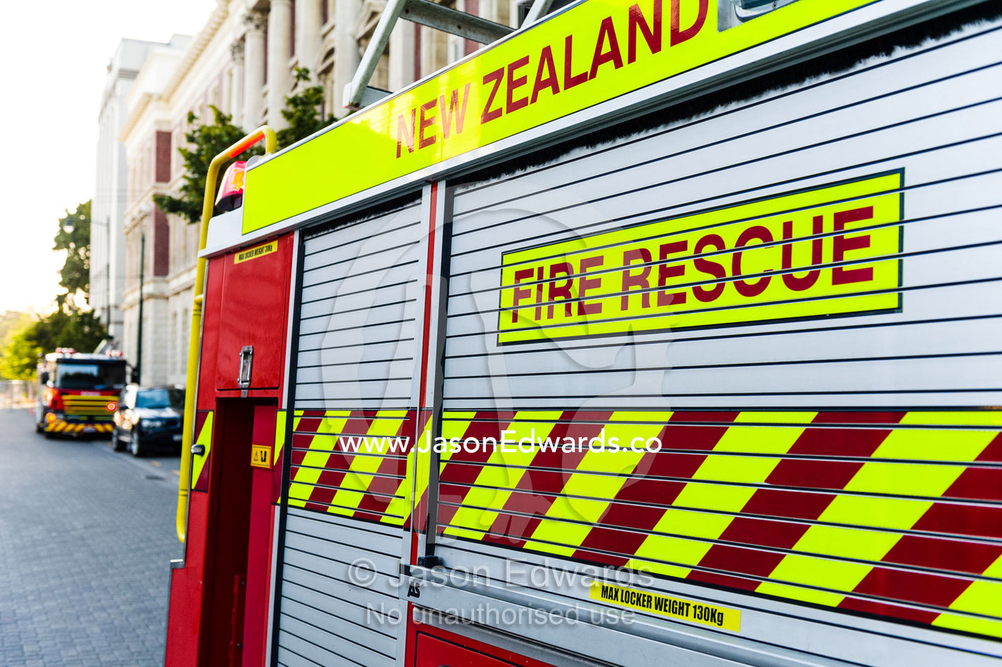 A fire engine outside of a hotel after a false alarm. Christchurch, New Zealand.