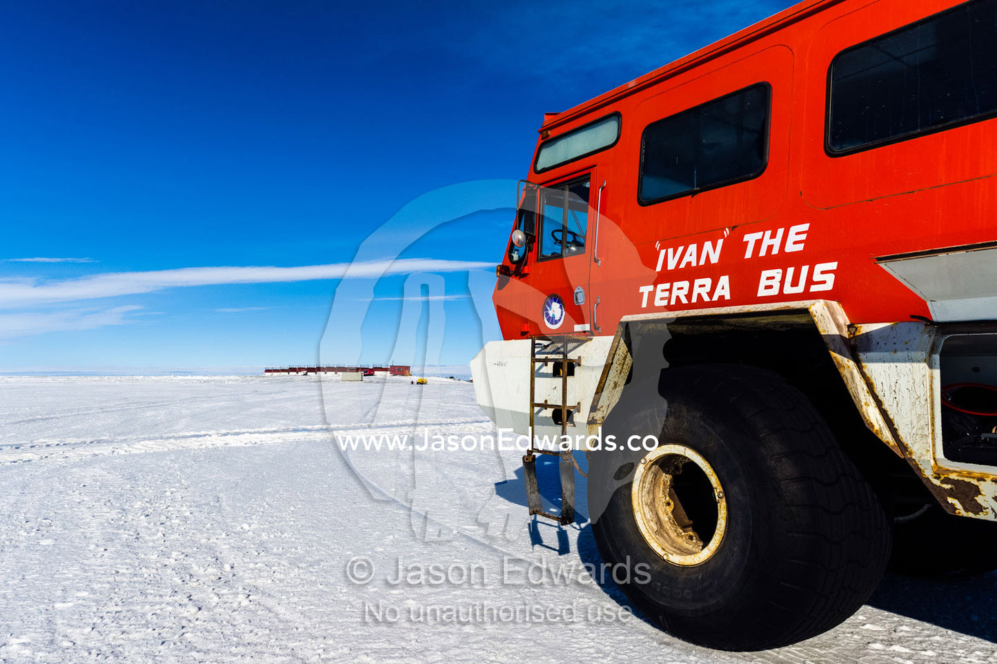 A large sea ice vehicle for transporting Antarctic staff from the base to the airfield. Royal Society Range, Pegasus Field, McMurdo Ice Shelf, Ross Island, McMurdo Sound, Antarctica.