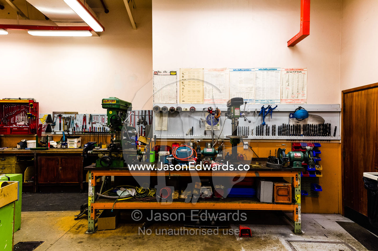 A workbench and drill press in a workshop at a research base in Antarctica. Scott Base, Pram Point, Hut Point Peninsula, Ross Island, Antarctica.