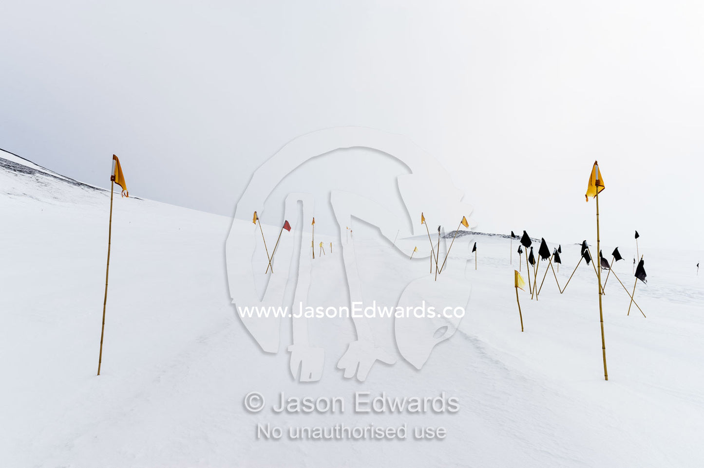 Crevasse warning flags mark a safe path for skidoos and Hagglund ice vehicles. Castle Rock Road, Hut Point Peninsula, Ross Island, Antarctica.