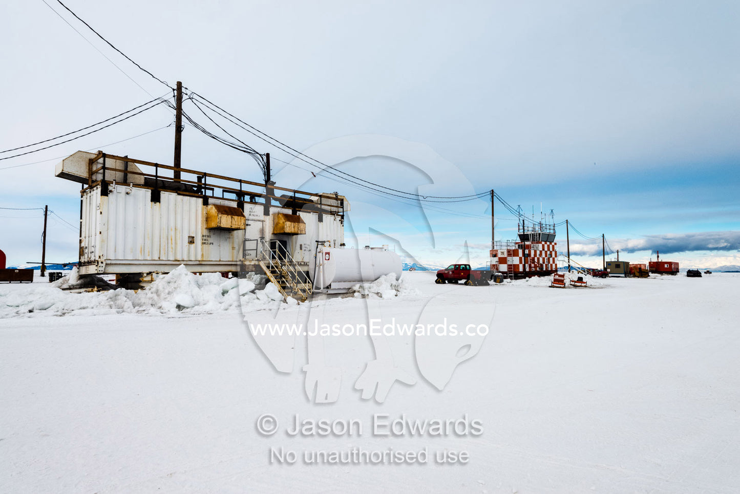 Offices and workshops at an airport in Antarctica. Royal Society Range, Pegasus Field, McMurdo Ice Shelf, Ross Island, McMurdo Sound, Antarctica.