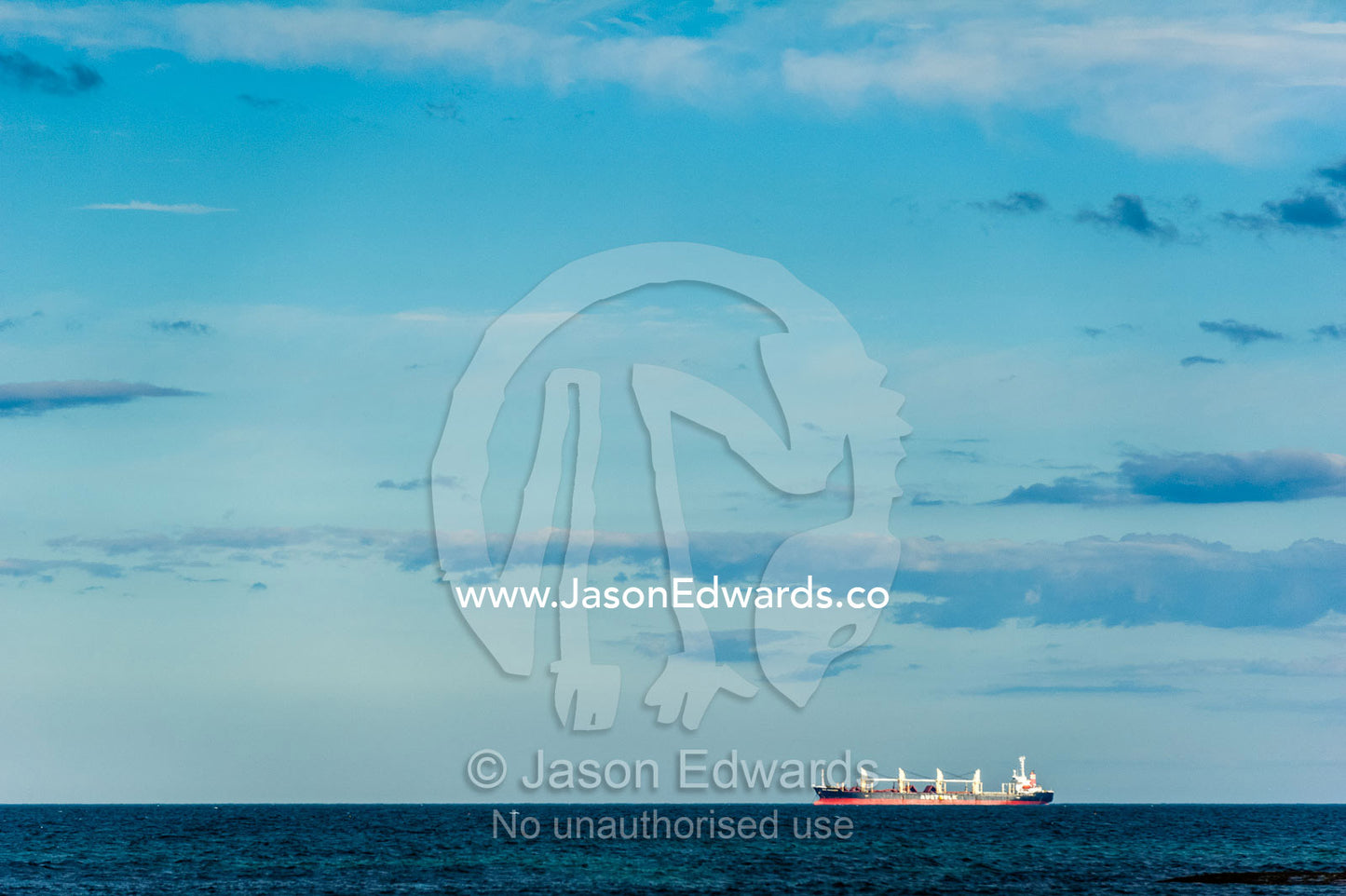 A cargo ship travelling across a wide horizon. Torquay, Surf Coast, Victoria, Australia.