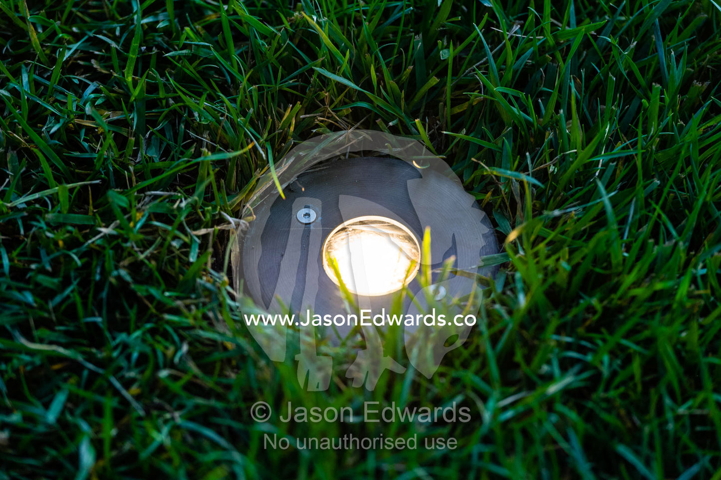 A spotlight embedded in a grass lawn in a garden. Melbourne International Flower and Garden Show, Carlton Gardens, Carlton, Melbourne, Victoria, Australia.