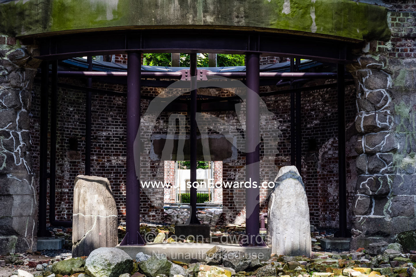 The scorched ruin of the Hiroshima Prefectural Industrial Promotion Hall known as the Atomic Bomb Dome or Genbaku Dōmu. Hiroshima Peace Memorial Park, Hiroshima, Honshu Island, Japan.