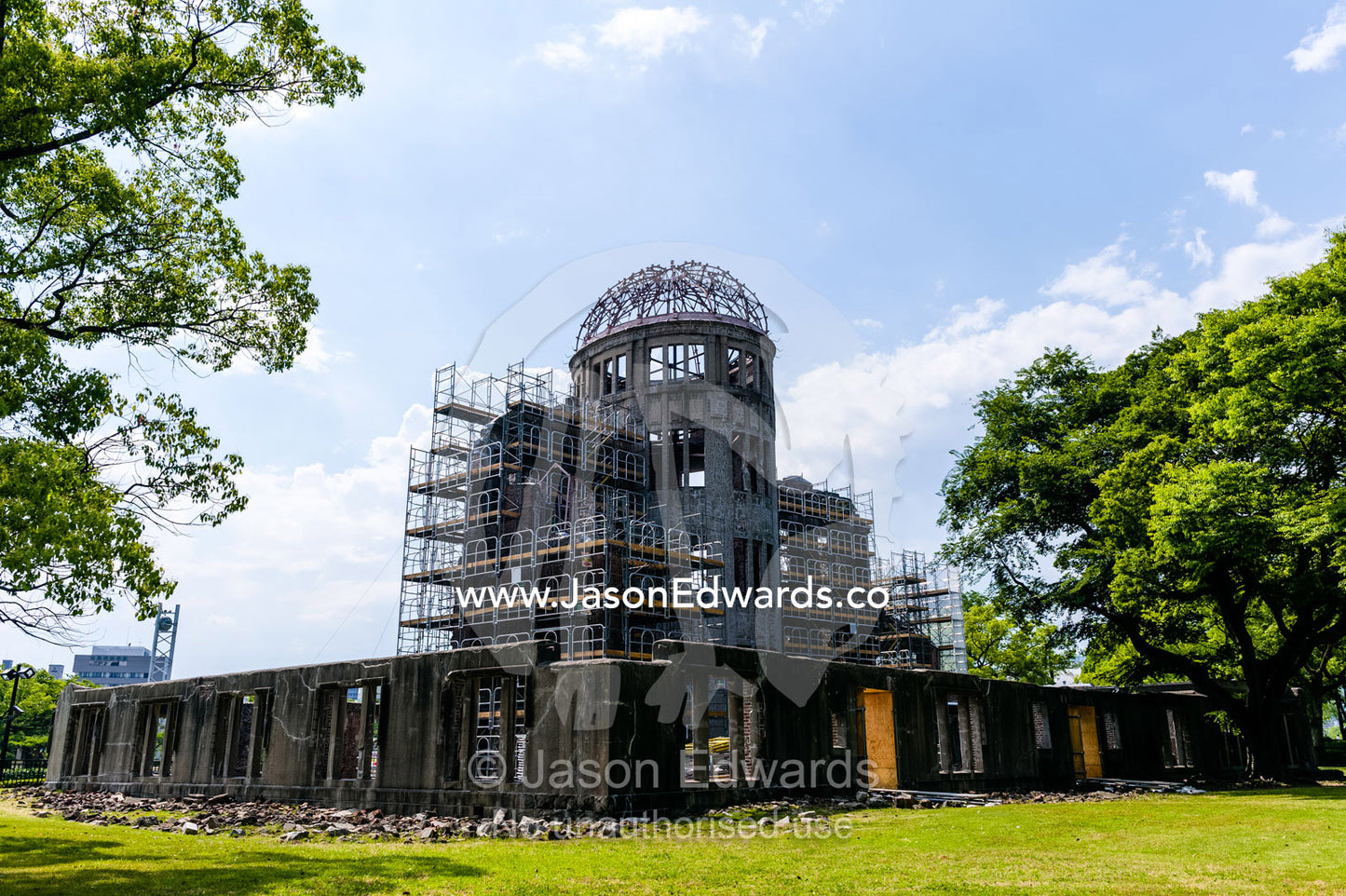 The ruin of the Hiroshima Prefectural Industrial Promotion Hall known as the Atomic Bomb Dome or Genbaku Dōmu. Hiroshima Peace Memorial Park, Hiroshima, Honshu Island, Japan.