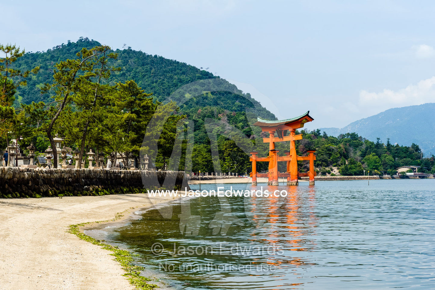 The famous floating torii gate at Itsukushima Shrine is a Ryōbu-style torii. Itsukushima Shrine, Miyajima, Itsukushima Island, Inland Sea of Japan, Hiroshima Bay, Japan.
