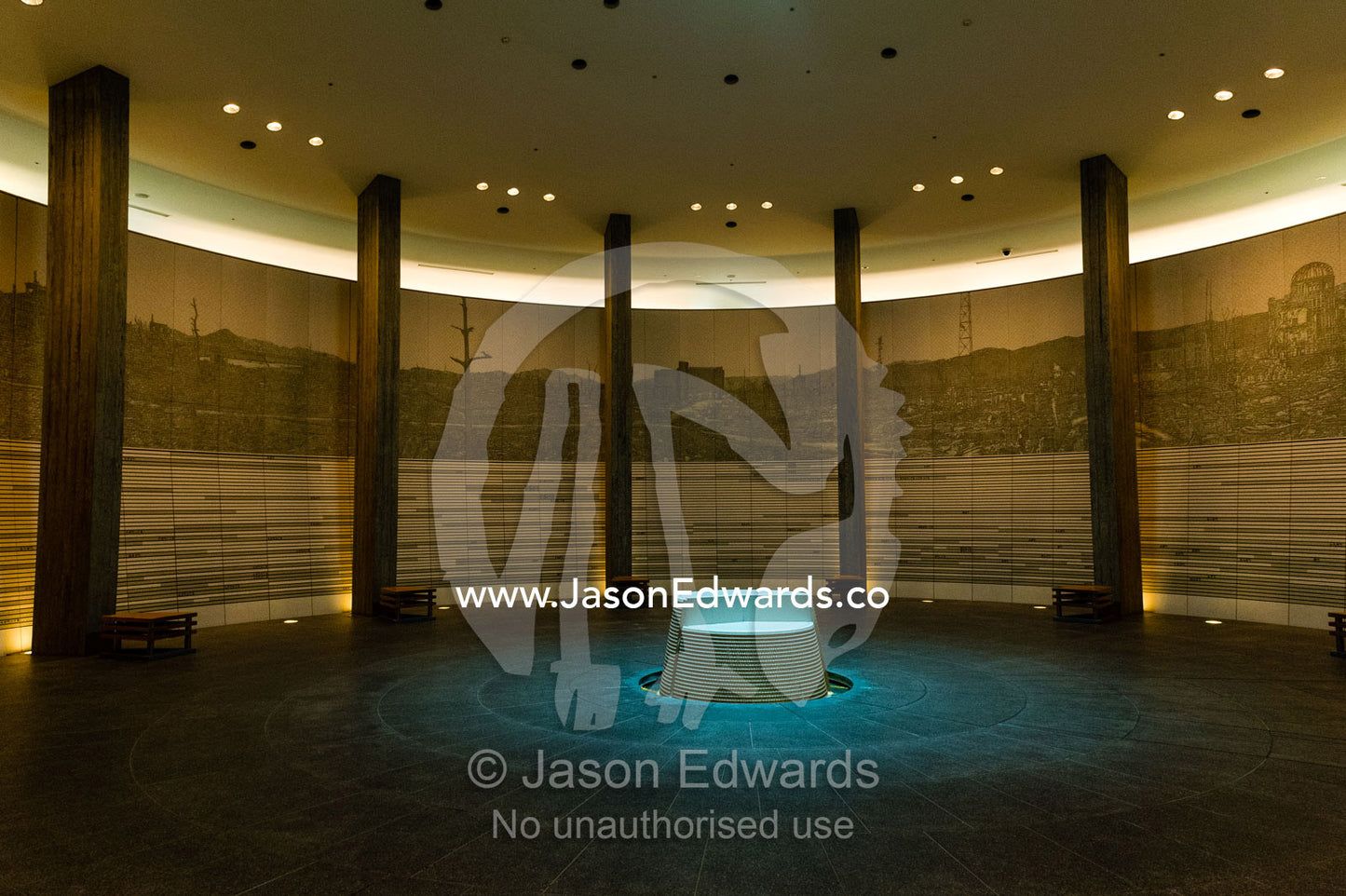 The peaceful circular Hall of Remembrance in the Peace Memorial Hall for Atomic bomb victims. Hiroshima Peace Memorial Park, Hiroshima, Honshu Island, Japan.
