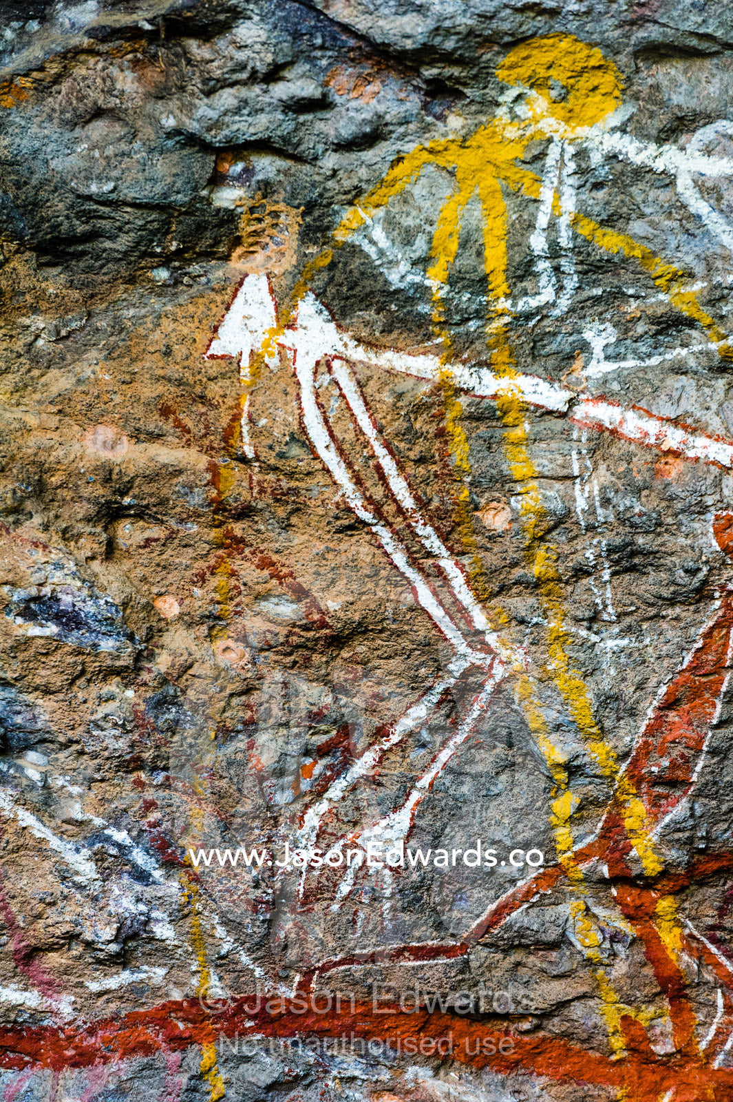 An Aboriginal rock painting art gallery featuring Mimi spirits which are fairy-like beings in Arnhem Land. Burrunggui, Nourlangie Rock, Arnhem Land, Kakadu National Park, Northern Territory, Australia.
