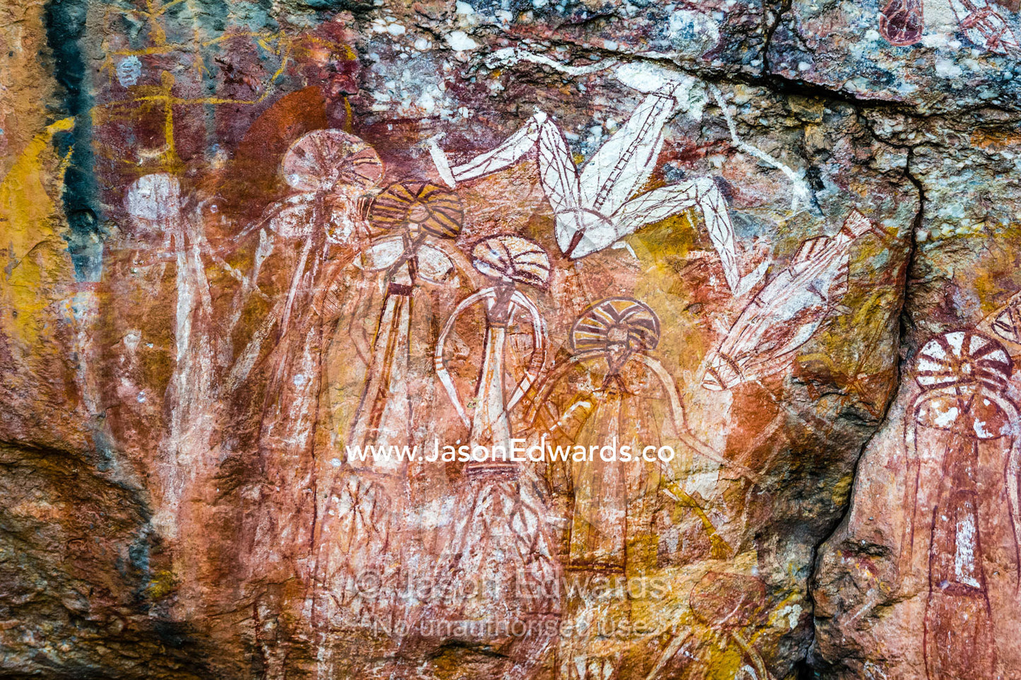 An Aboriginal rock painting art gallery featuring Barginj who is Namarrgons wife. Burrunggui, Nourlangie Rock, Arnhem Land, Kakadu National Park, Northern Territory, Australia.