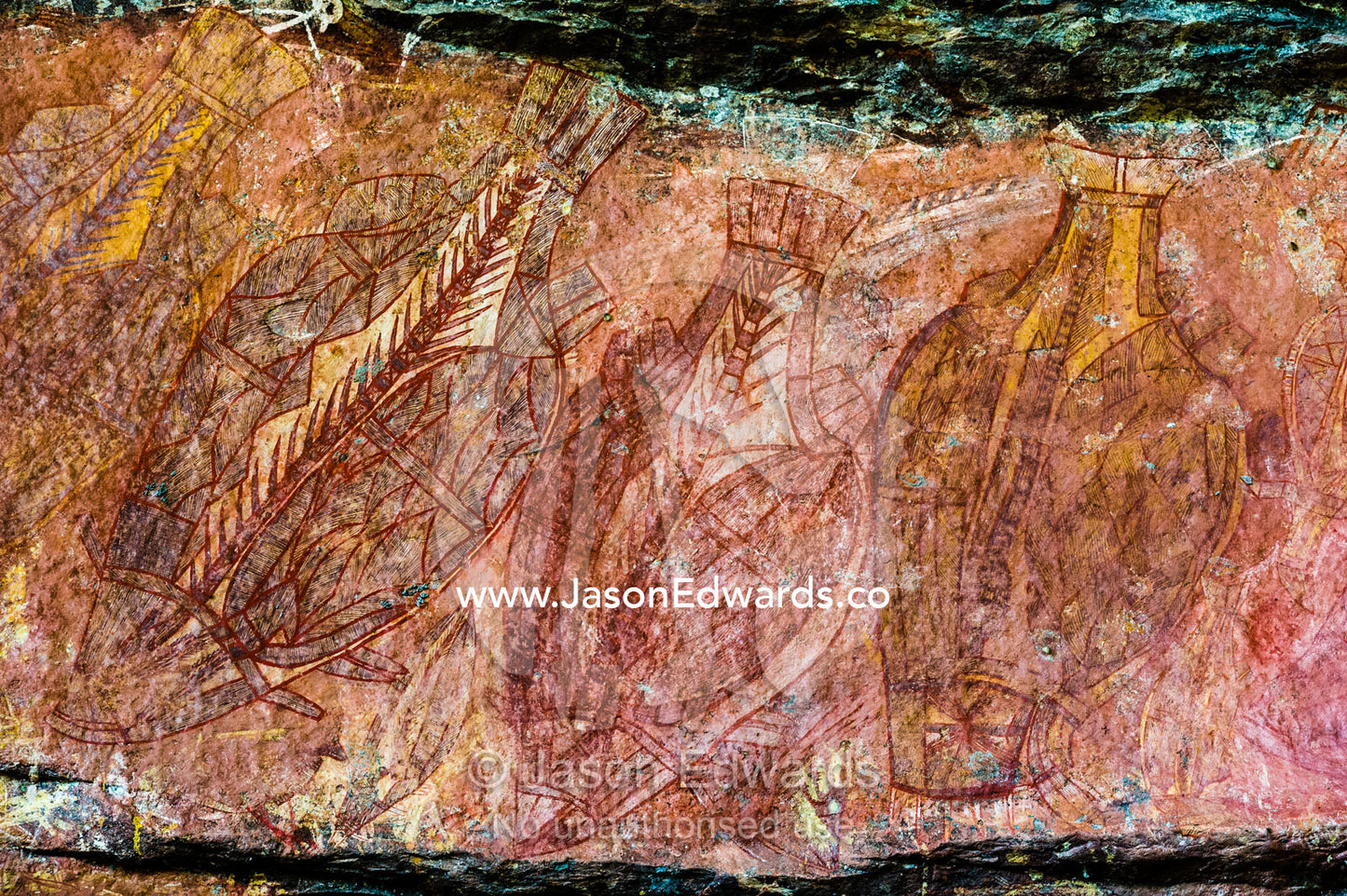 An Aboriginal rock painting art gallery featuring Barramundi and Salmon Tail Catfish. Ubirr, Kakadu National Park, Northern Territory, Australia.