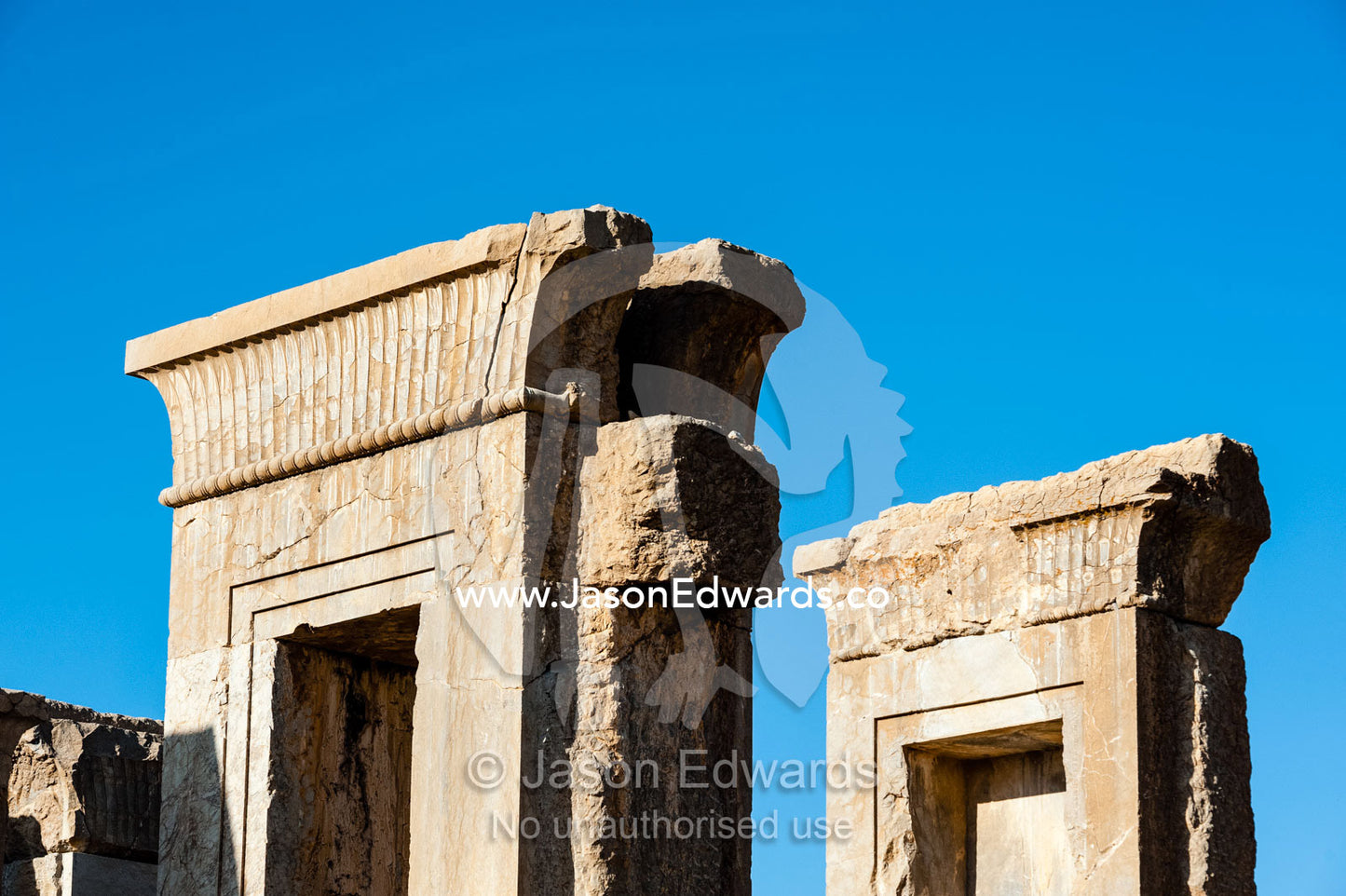 Enormous stone doorway lintels in Tachara Palace in Persepolis. Persepolis, Shiraz, Fars Province, Islamic Republic of Iran.