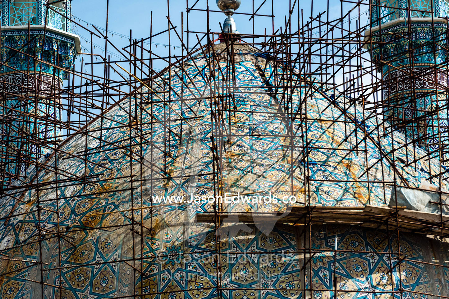 Steel scavolding covering the Holy shrine of Hazrat Masuma during renovations. Fatima Masumeh Shrine, Qom, Qom Province, Islamic Republic of Iran.
