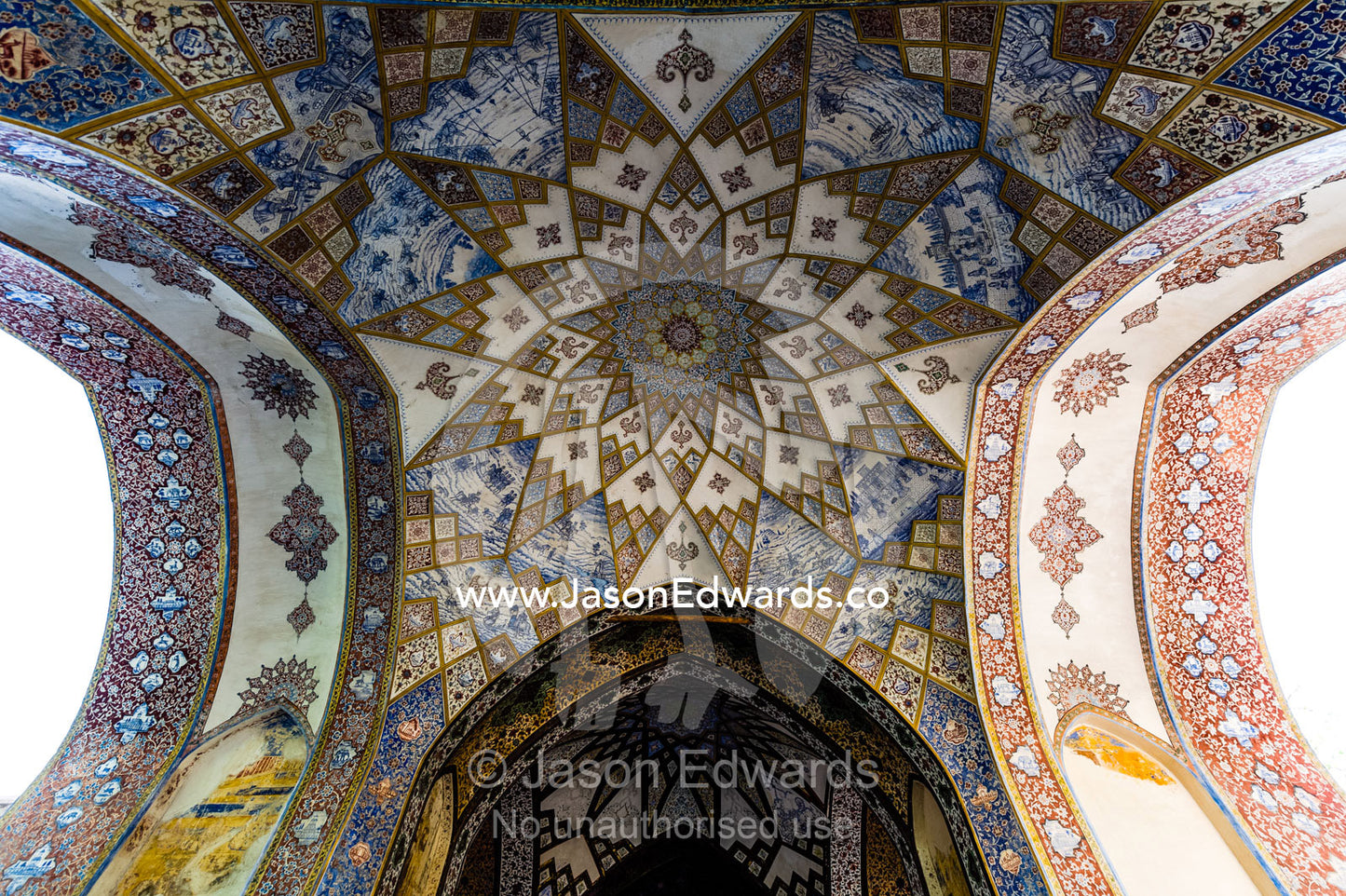 The geometric dome ceiling of the Bagh-e-Fin with it's intricate linear patterns. Fin Garden, Kashan, Isfahan, Islamic Republic of Iran.