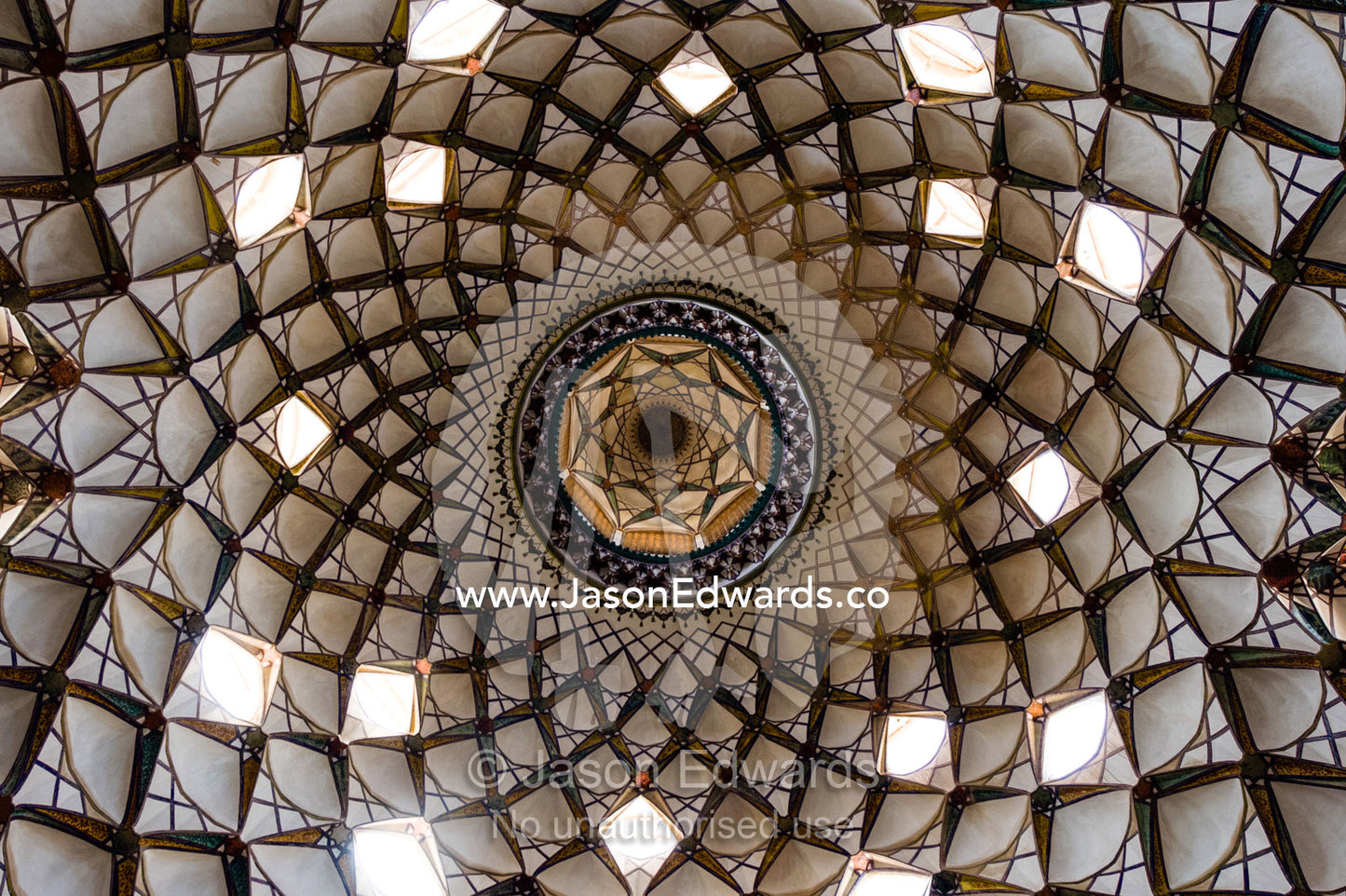 Skylights illuminate the vaulted spiralling geometric ceiling of the Borujerdis House. Borujerdis House, Kashan, Isfahan, Islamic Republic of Iran.