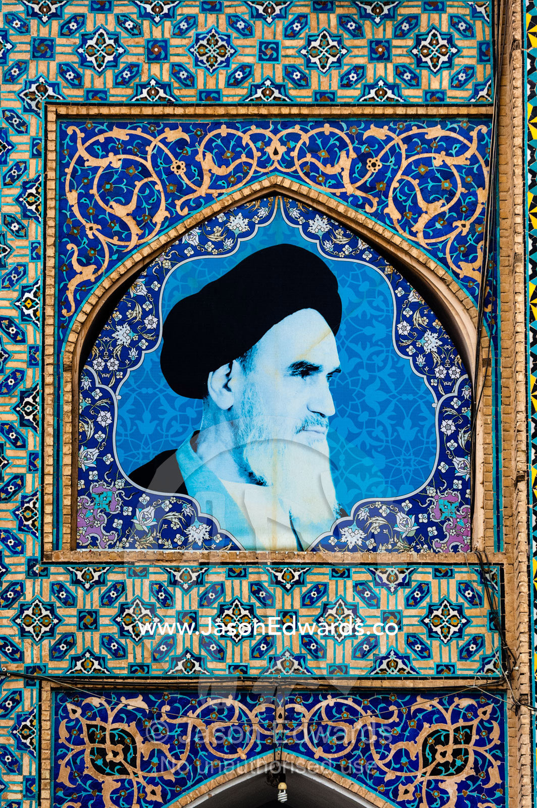 Picture of Ayatollah Khomeini, the Ex-supreme leader of Iran and leader of the Revolution on tiles. Jameh Mosque of Isfahan, Isfahan, Isfahan Province, Islamic Republic of Iran.