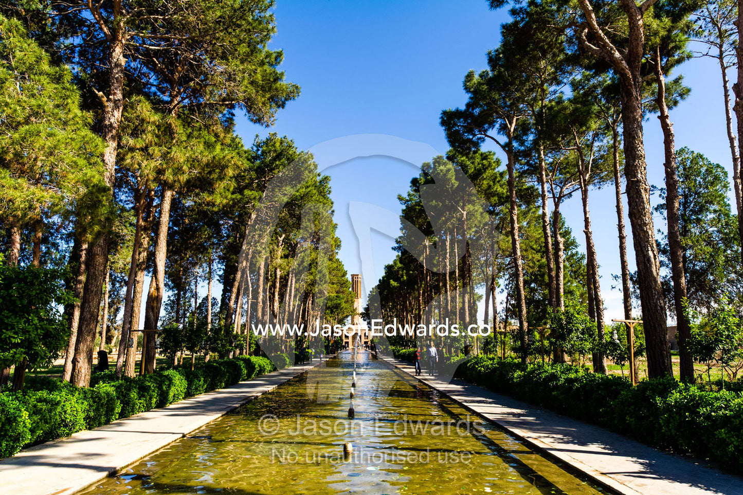 A windcatcher overlooks an ornamental pond in a traditional garden. Dowlat Abad Garden, Yazd, Yazd Province, Islamic Republic of Iran.
