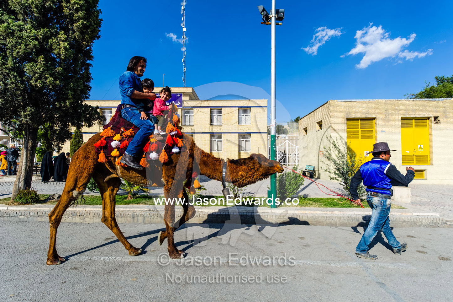 A camel handler takes a father and his children for a ride to celebrate nowruz Iranina New Year. Tomb of Hafez, Shiraz, Fars Province, Islamic Republic of Iran.