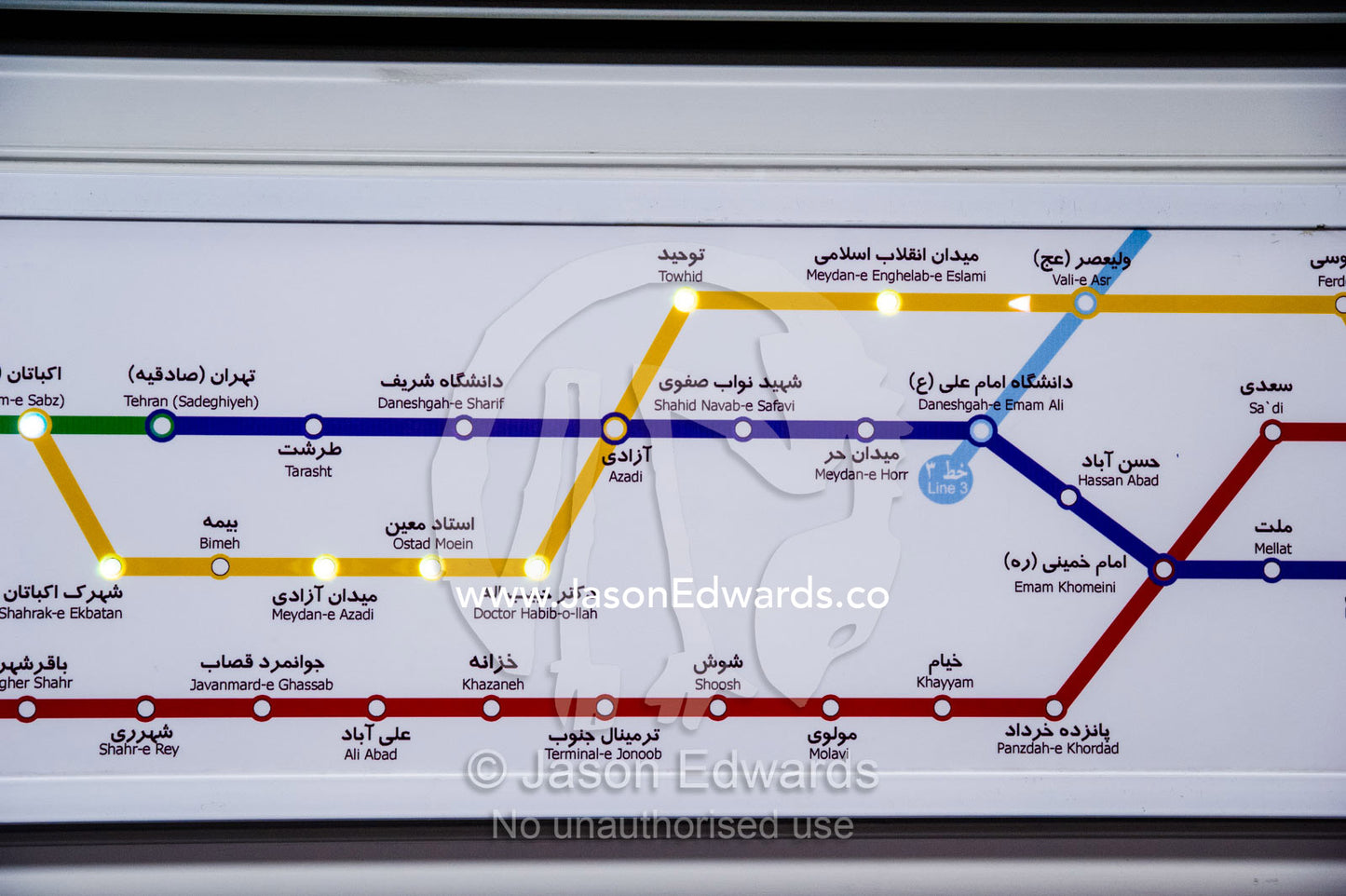 An illuminated map of the railway subway system beneath Tehran in a train carriage. Tehran, Tehran Province, Islamic Republic of Iran.