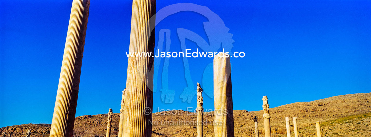 The towering stone columns of the Apandana Palace rising into a clear blue sky. Persepolis, Shiraz, Fars Province, Islamic Republic of Iran.