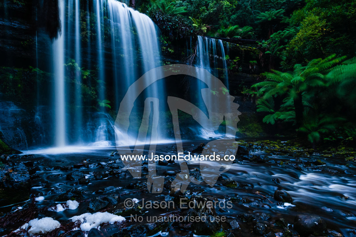 A misty curtain of water cascades down a tiered waterfall in a cool temperate rainforest. Mount Field National Park, Tasmania, Australia.