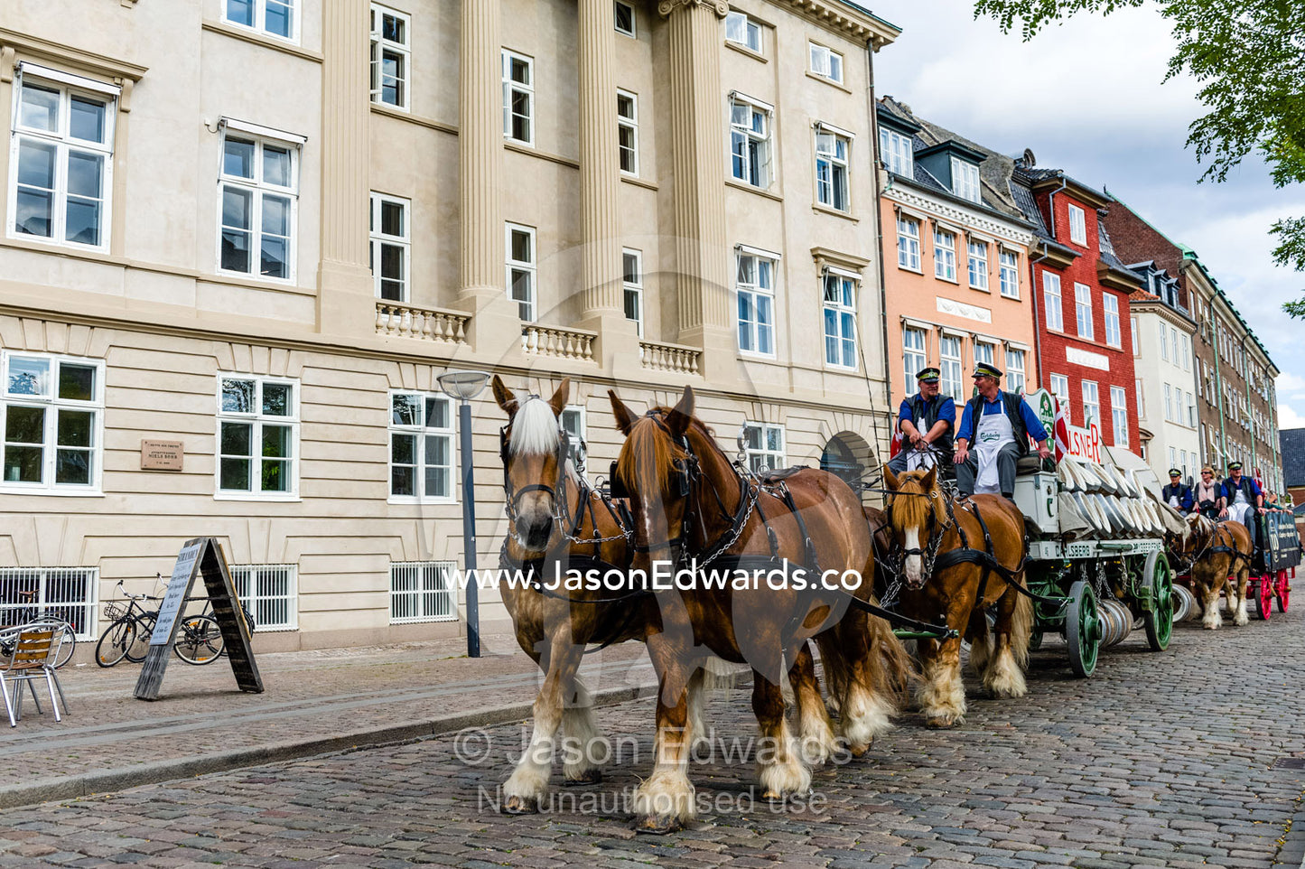 A team of draft horses pulling a beer wagon along cobblestone streets. Copenhagen, Denmark.