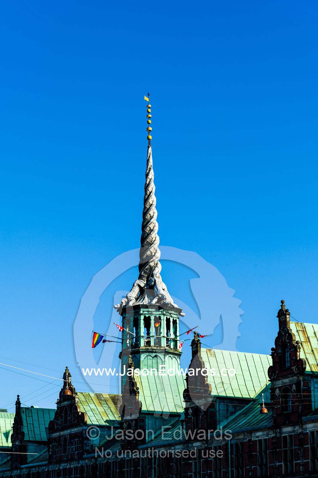 The Spiral steeple of the Borsen, the Stock Exchange. Copenhagen, Denmark.