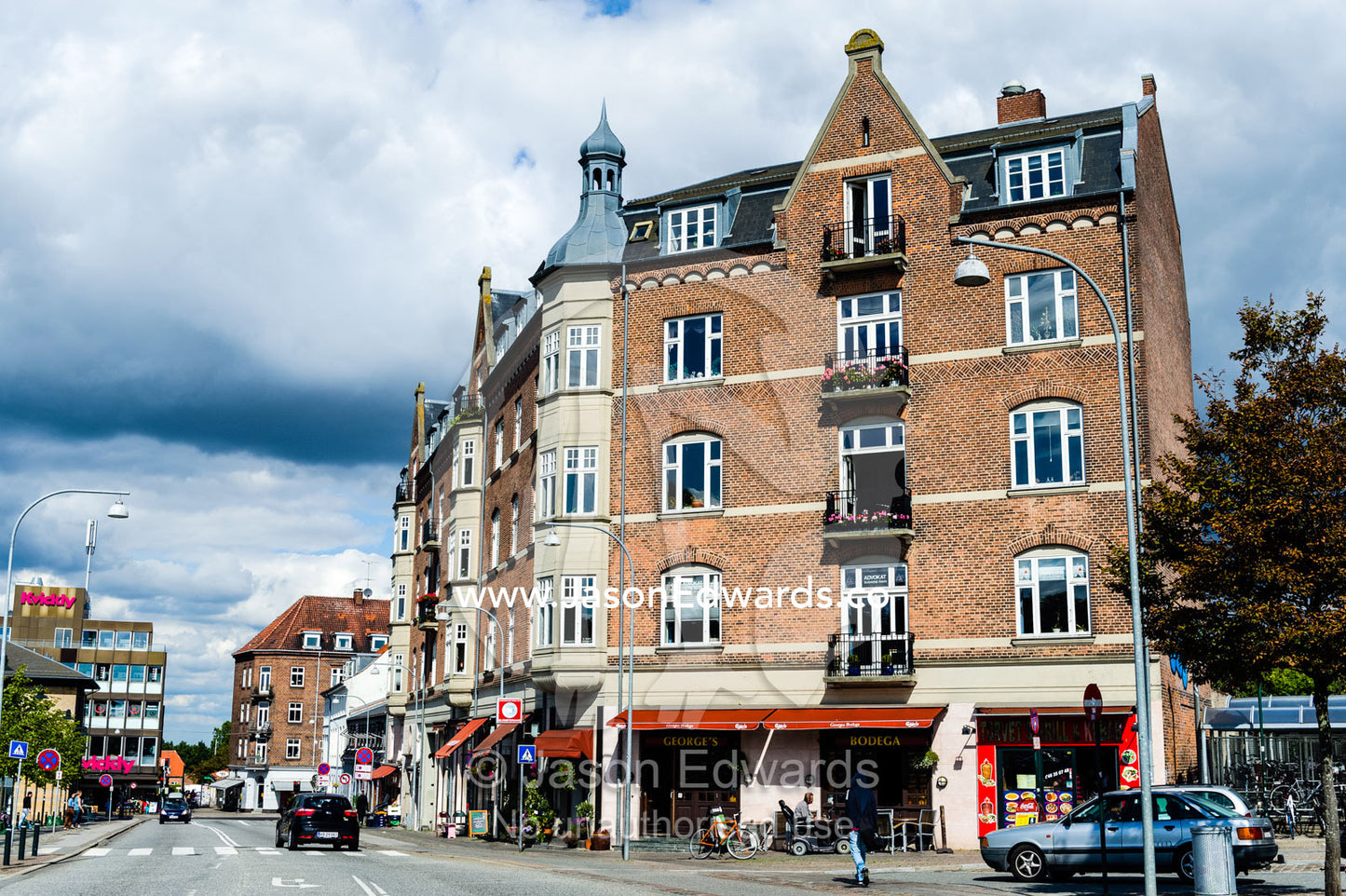 A shopping district and main street in a village in Denmark. Roskilde, Denmark.
