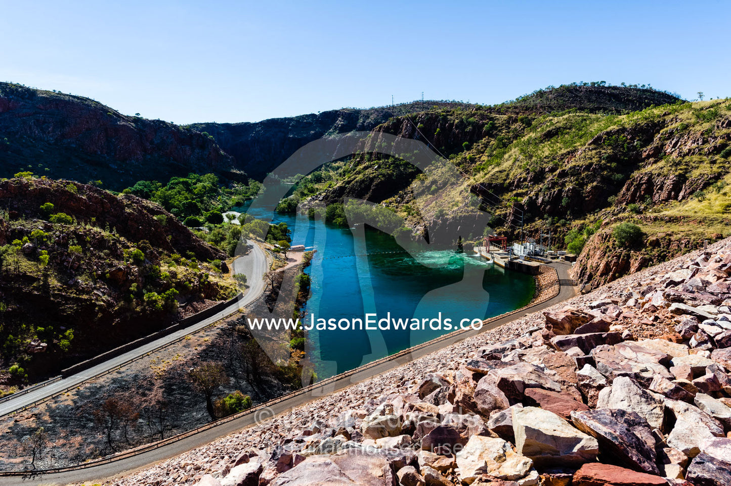 The Lake Argyle dam wall and outlet station of the Ord River hydro power plant. Ord River Dam, Lake Argyle, Kimberley Coast, Western Australia, Australia.