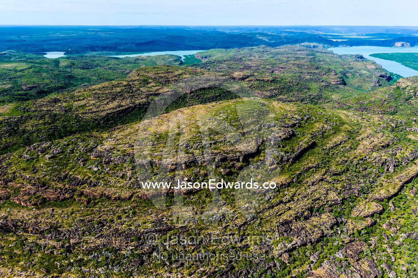An aerial view of the harsh rocky surface of an arid plateau on the Kimberley coastline. Mitchell River National Park, Mitchell Plateau, Kimberley Coast, Western Australia, Australia.
