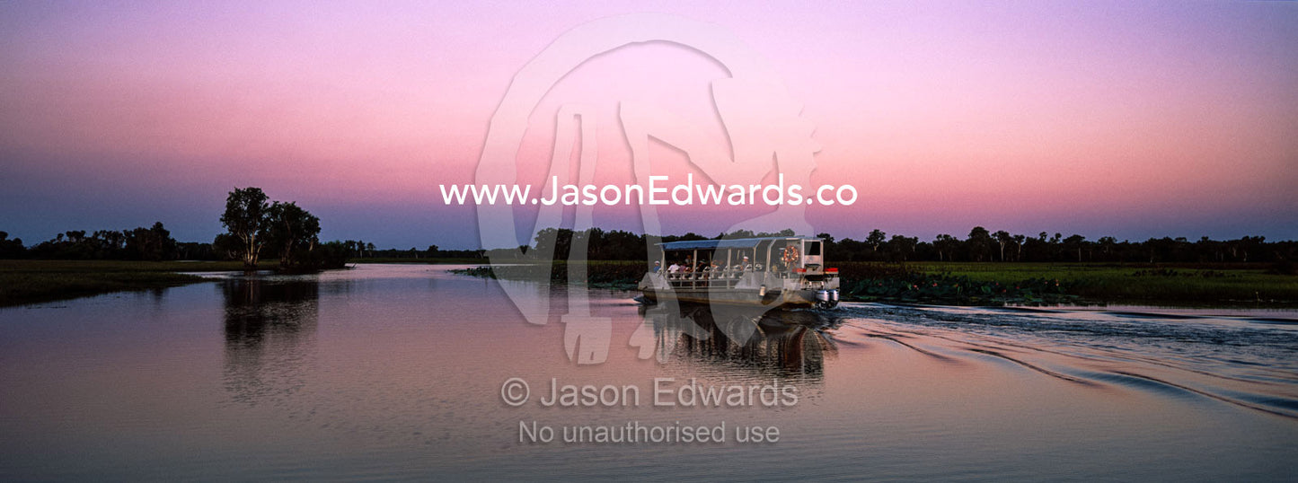 A tourist boat explores a tranquil billabong during the sunset afterglow. Yellow Water Billabong, Cooinda, Kakadu National Park, Northern Territory, Australia.