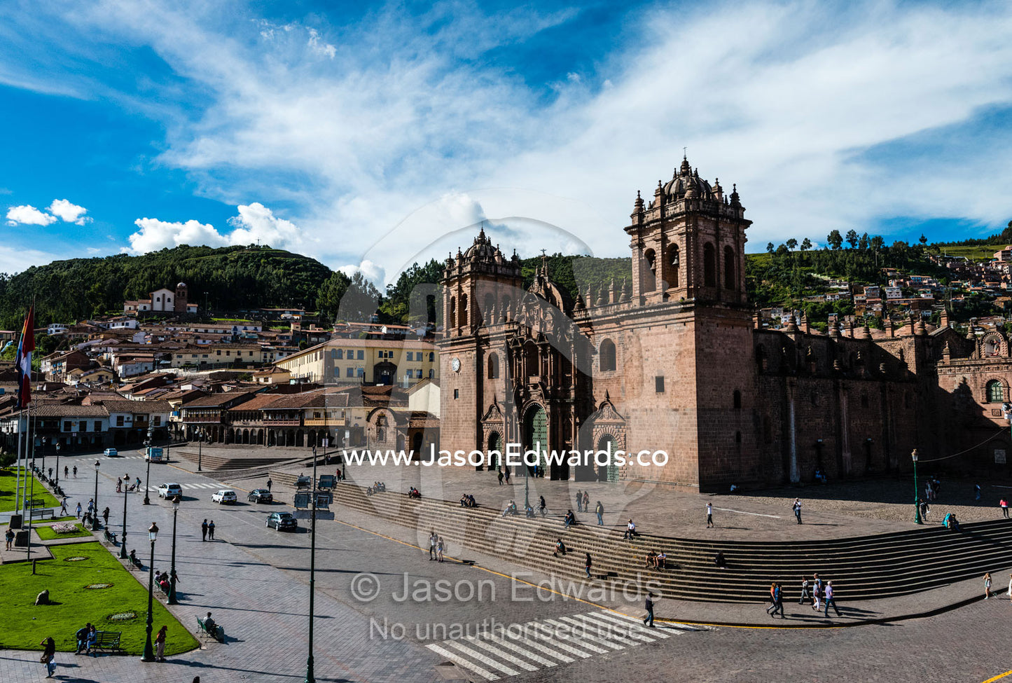 The towering facade of the Cathedral Basilica of the Assumption of the Virgin. Cusco, Peru.