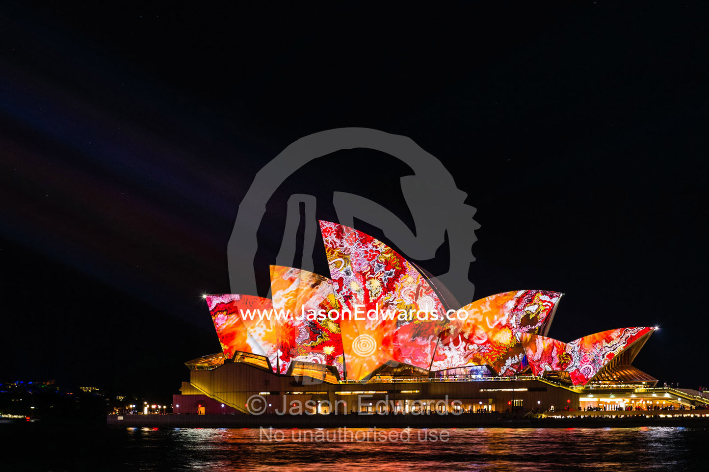 Colorful indigenous artwork projections on the Sydney Opera House. Sydney, New South Wales, Australia.