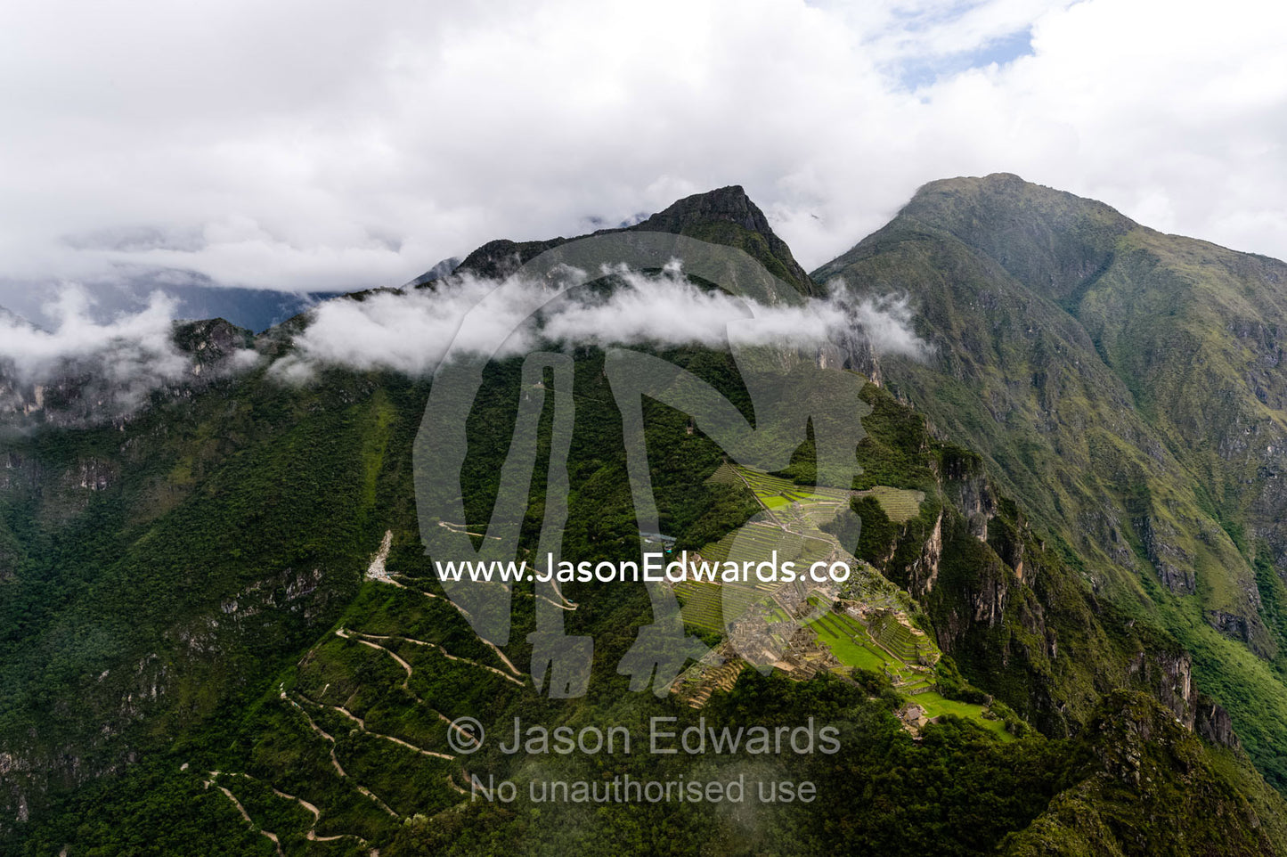 An aerial view of the Macchu Picchu ruins. Peru.